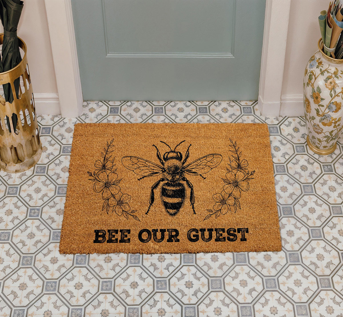 Bee Our Guest Doormat, Natural Coir Entryway Mat, Honey Bee Home Decor