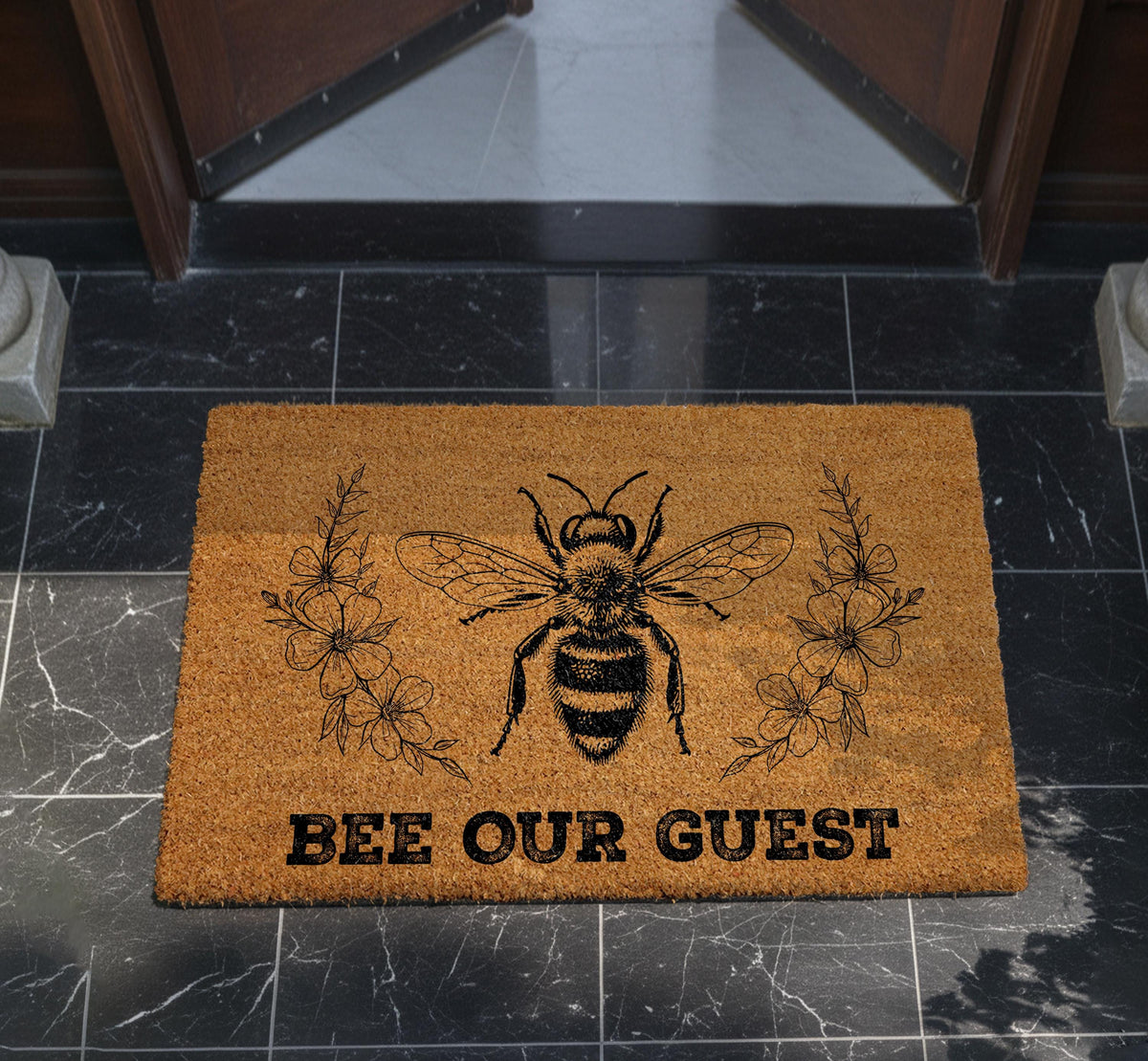 Bee Our Guest Doormat, Natural Coir Entryway Mat, Honey Bee Home Decor
