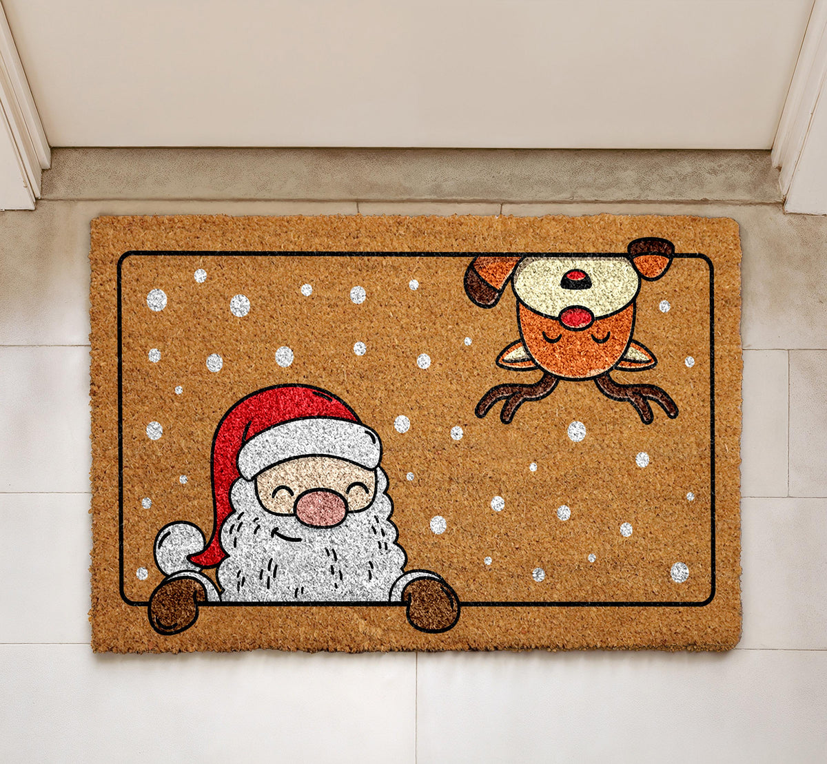 Santa and Reindeer Doormat, Christmas Welcome Mat, Winter Holiday Home Entrance Rug