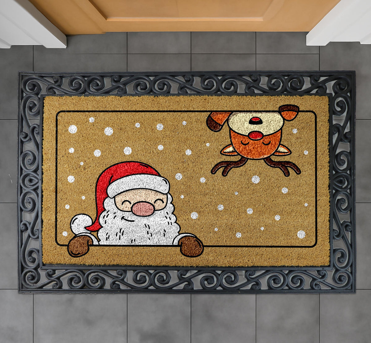 Santa and Reindeer Doormat, Christmas Welcome Mat, Winter Holiday Home Entrance Rug