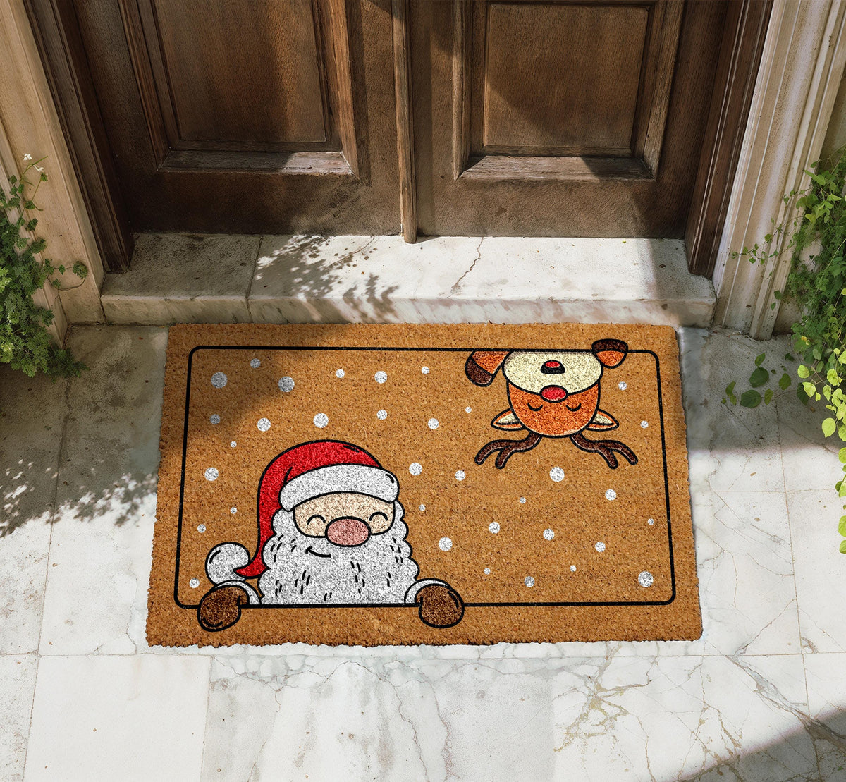 Santa and Reindeer Doormat, Christmas Welcome Mat, Winter Holiday Home Entrance Rug