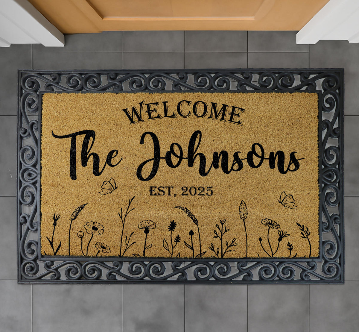 Custom Floral Last Name Doormat, Family Name Welcome Mat