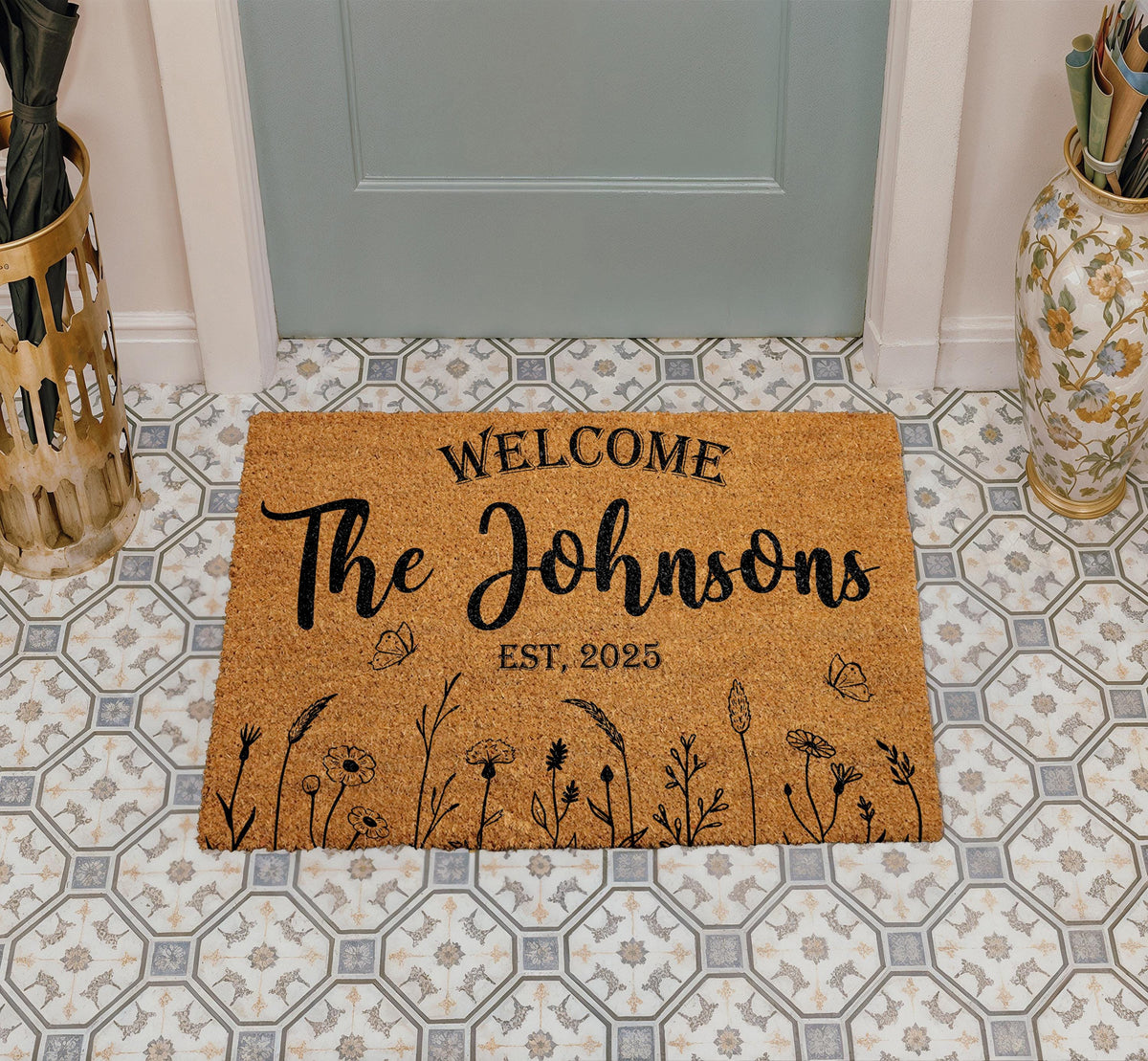 Custom Floral Last Name Doormat, Family Name Welcome Mat