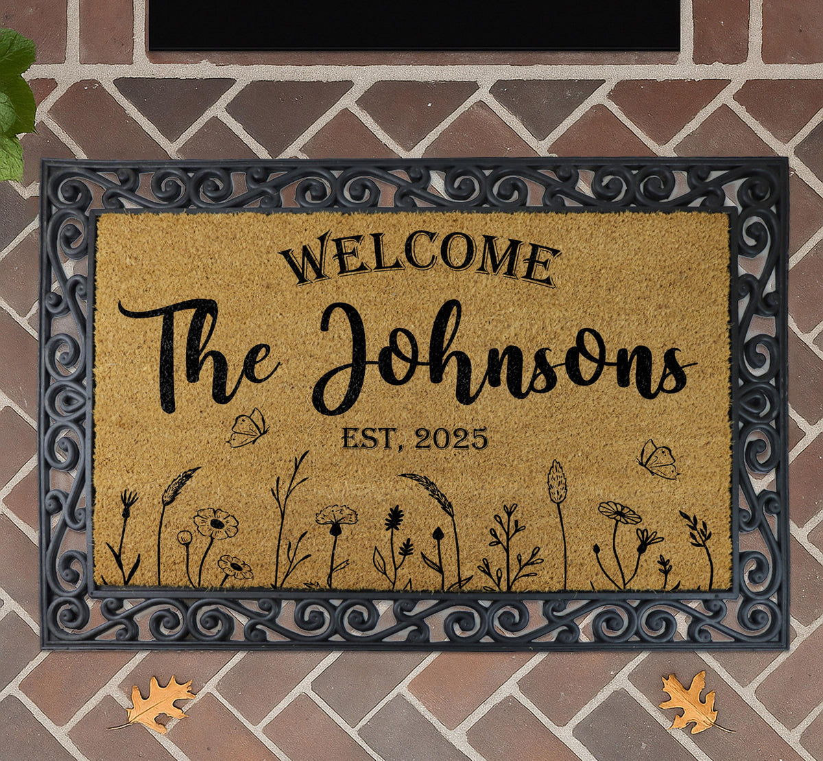 Custom Floral Last Name Doormat, Family Name Welcome Mat