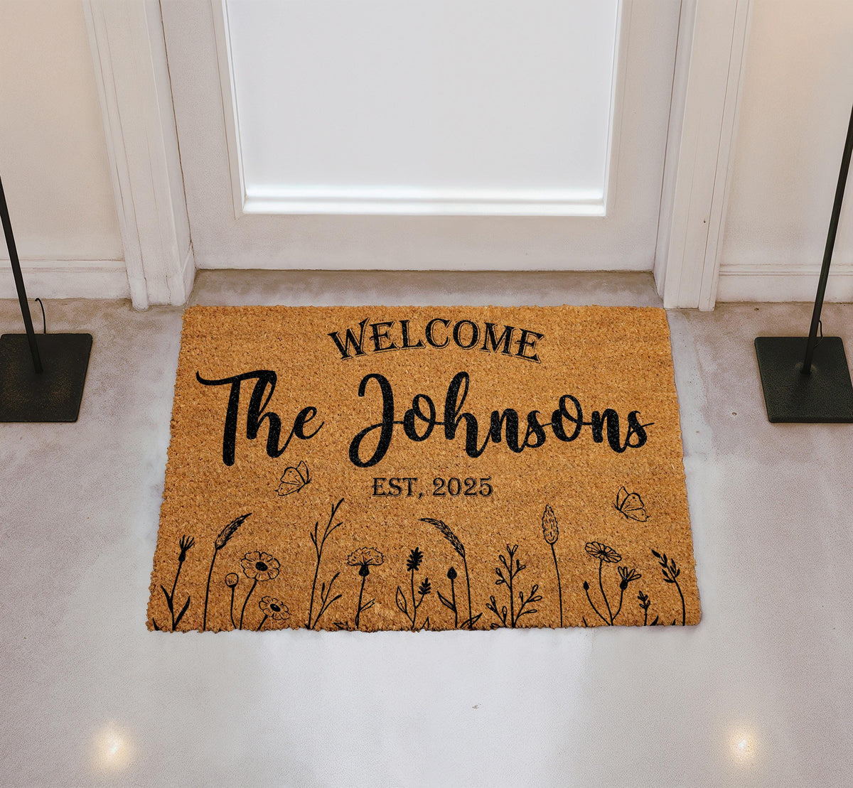 Custom Floral Last Name Doormat, Family Name Welcome Mat