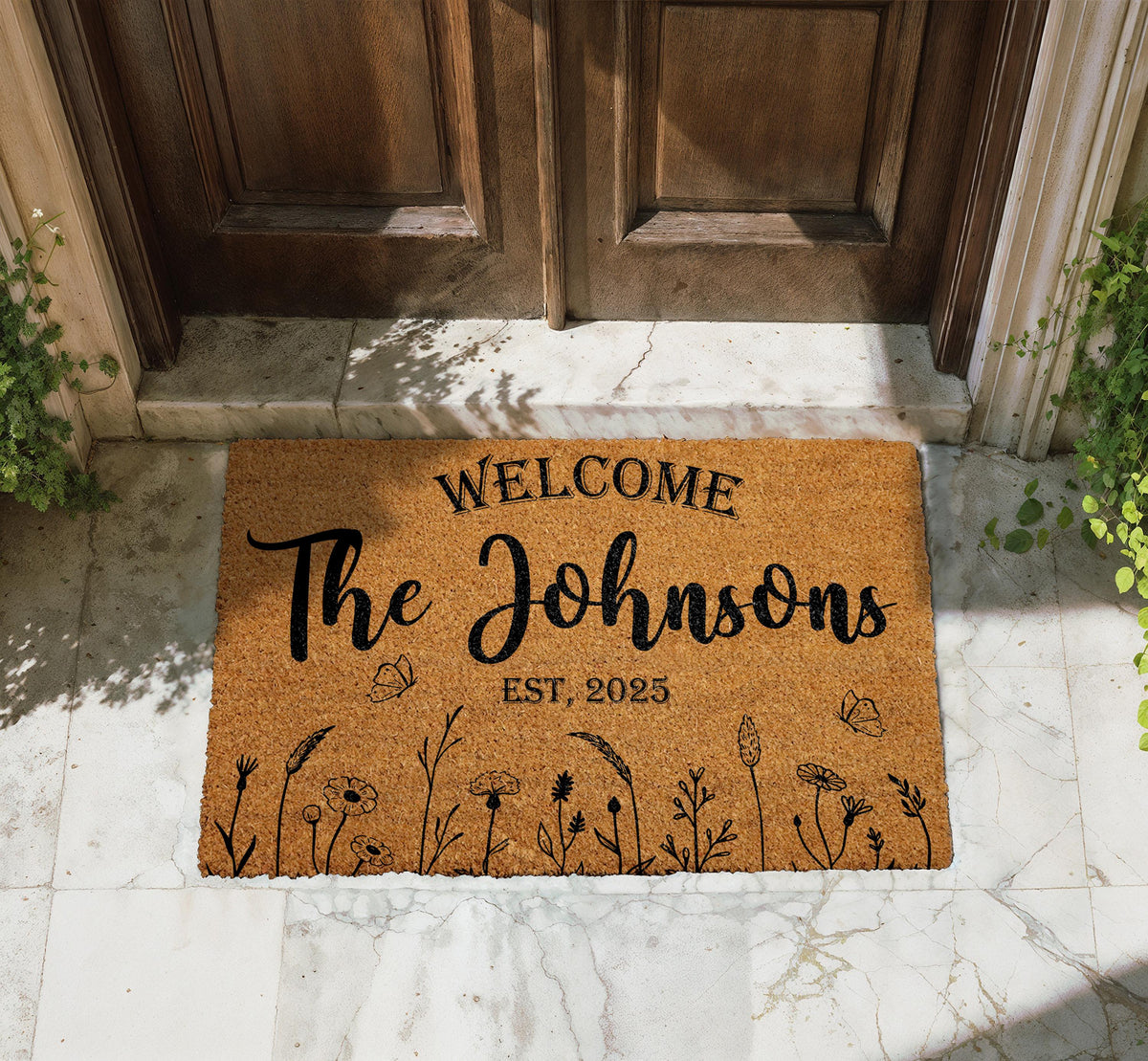 Custom Floral Last Name Doormat, Family Name Welcome Mat