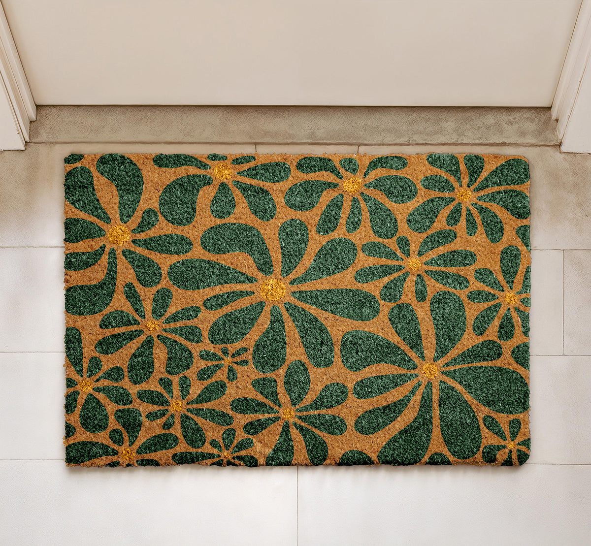 Botanical Pattern Coir Doormat, Floral Entryway Mat, Flower Design Coco Door Mat