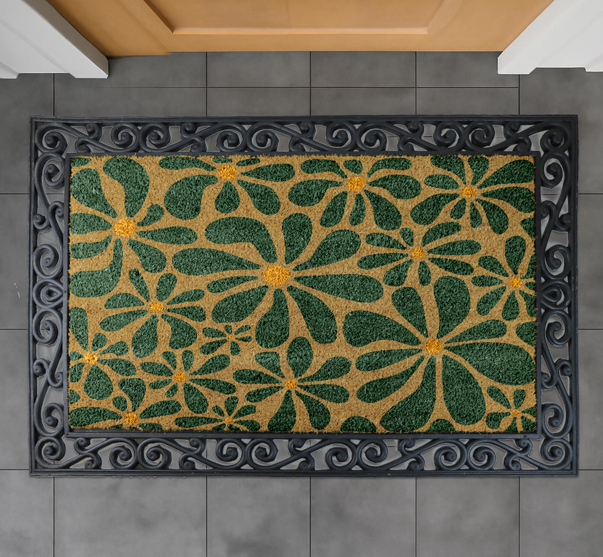 Botanical Pattern Coir Doormat, Floral Entryway Mat, Flower Design Coco Door Mat