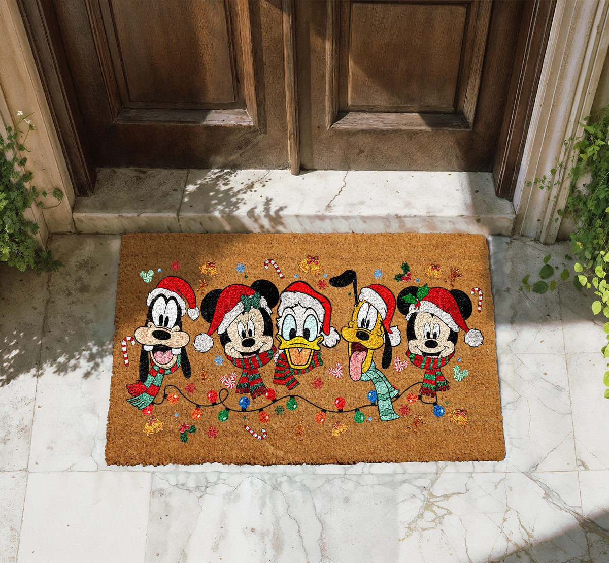 Cartoon Friends Christmas Doormat, Holiday Lights Welcome Mat, Festive Home Decor
