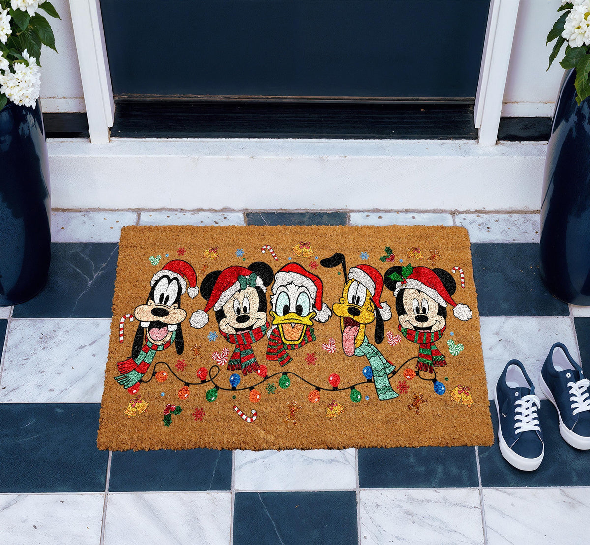 Cartoon Friends Christmas Doormat, Holiday Lights Welcome Mat, Festive Home Decor