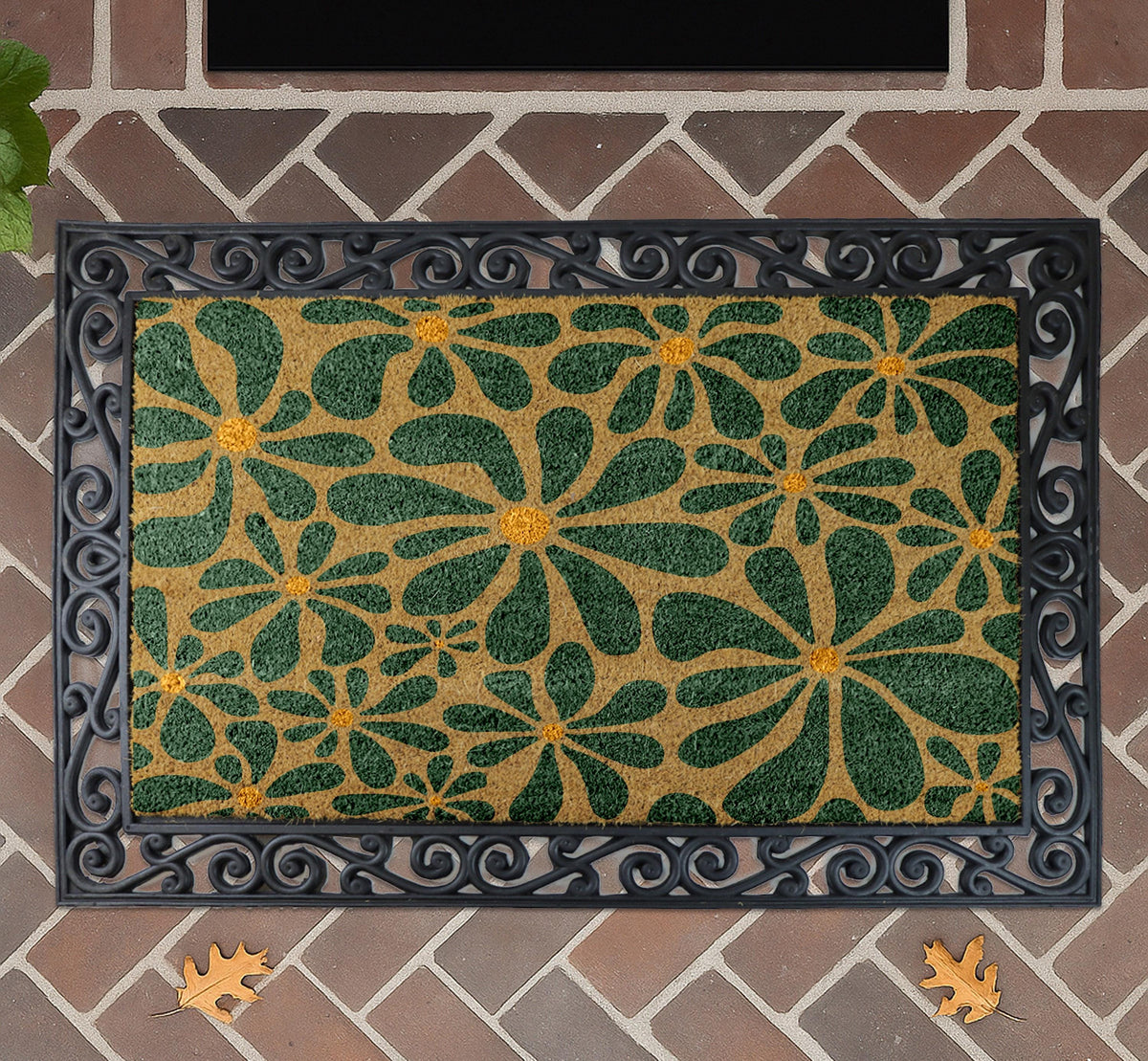 Botanical Pattern Coir Doormat, Floral Entryway Mat, Flower Design Coco Door Mat