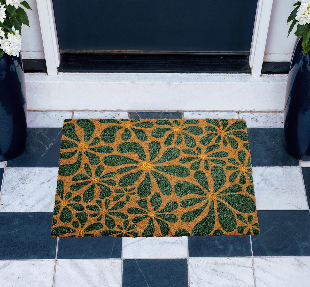 Botanical Pattern Coir Doormat, Floral Entryway Mat, Flower Design Coco Door Mat