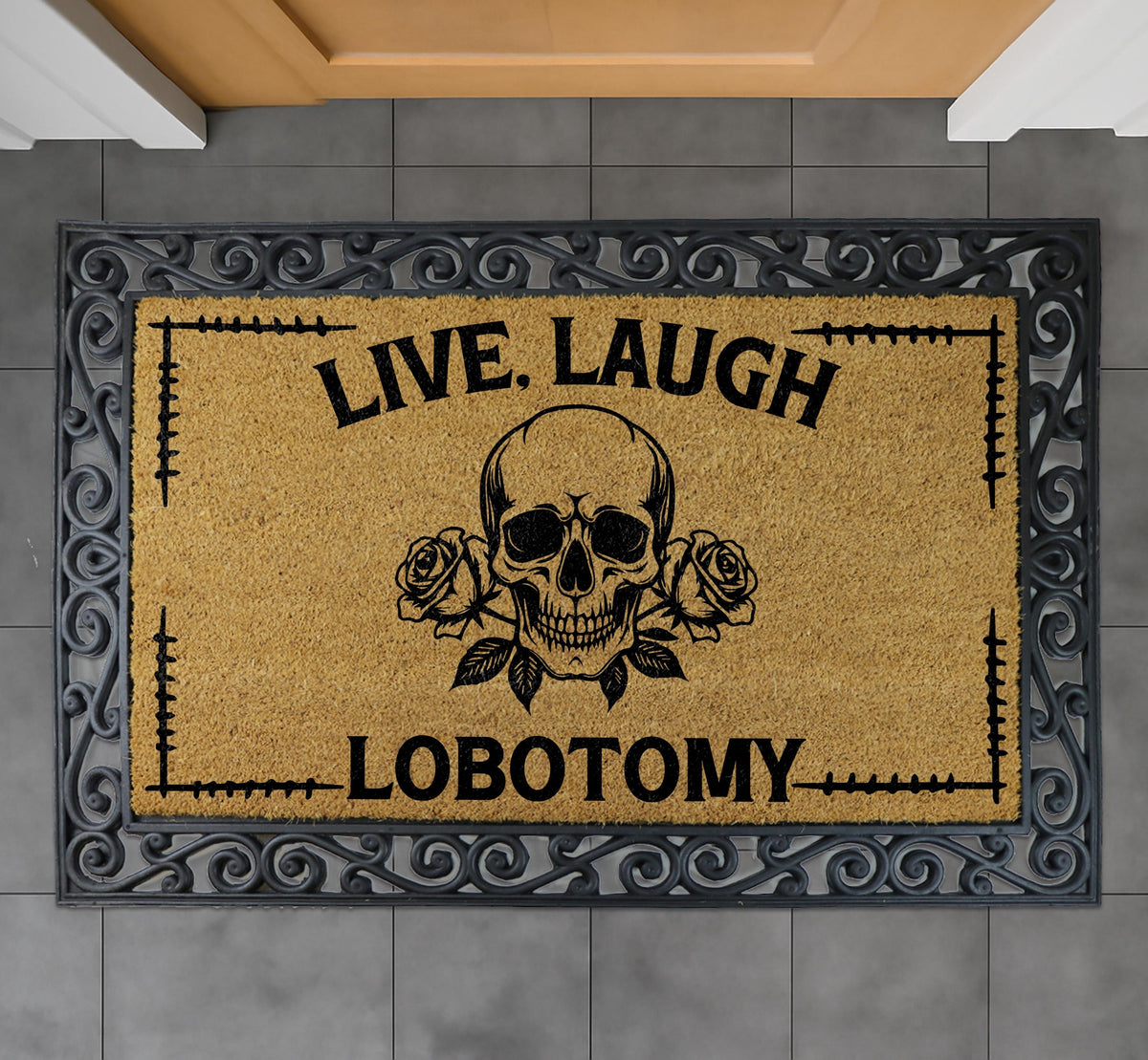 Live Laugh Lobotomy Welcome Mat, Gothic Skull Doormat, Halloween Front Porch Rug