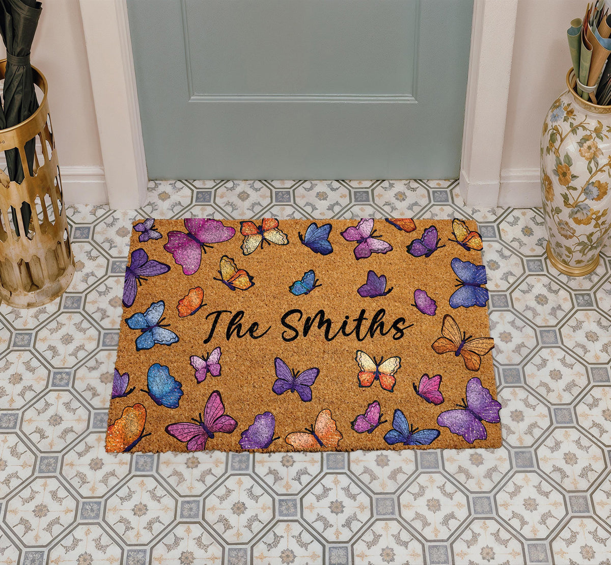 Personalized Butterfly Doormat, Colorful Monarch Butterflies Welcome Mat
