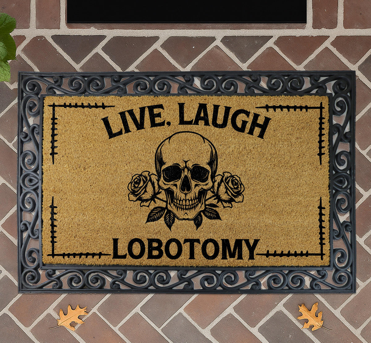 Live Laugh Lobotomy Welcome Mat, Gothic Skull Doormat, Halloween Front Porch Rug