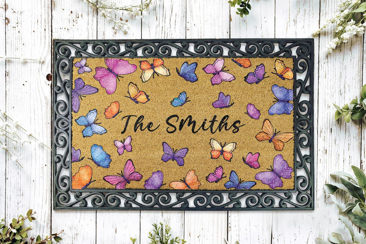 Personalized Butterfly Doormat, Colorful Monarch Butterflies Welcome Mat