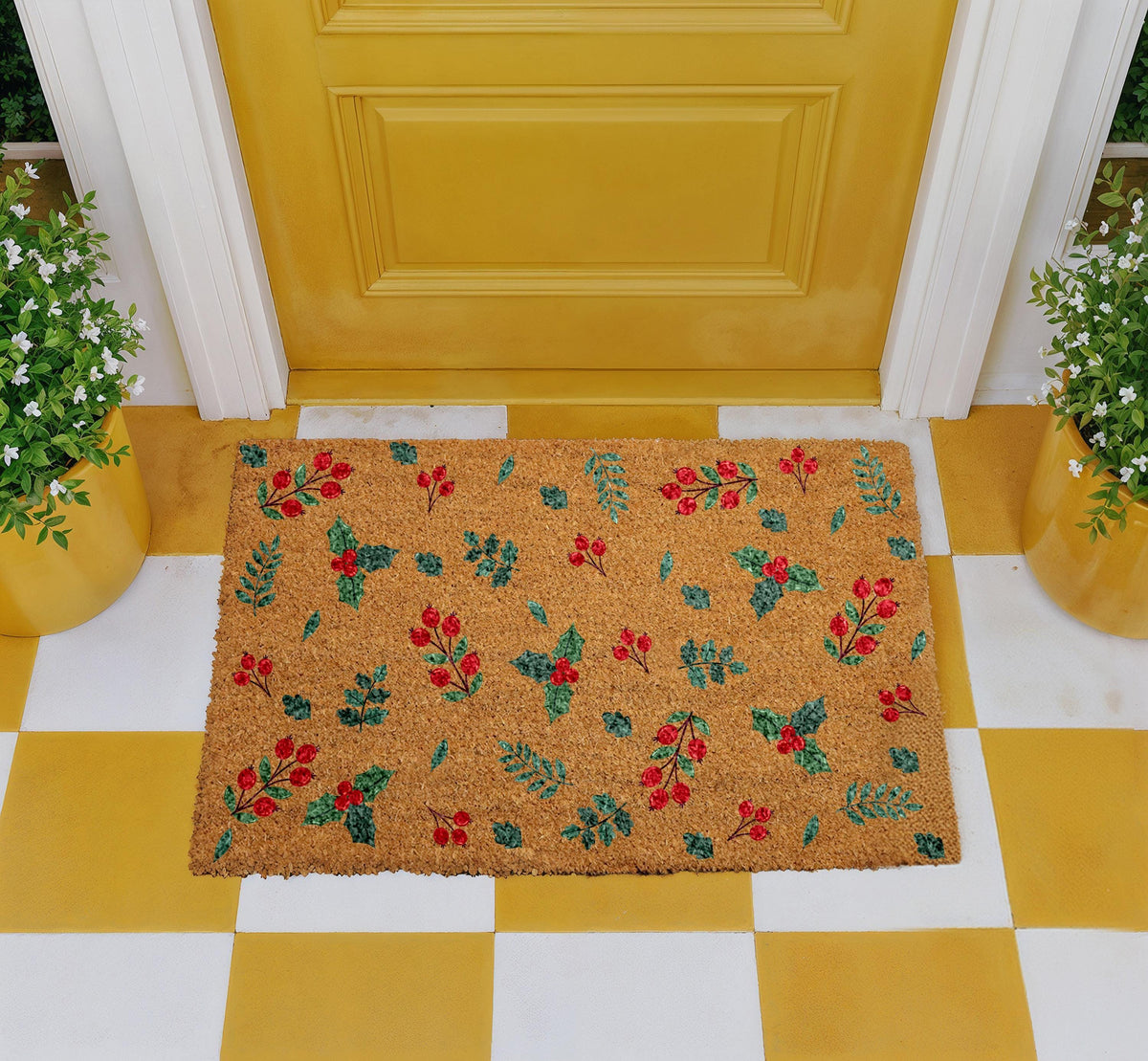 Christmas Holly Berry Doormat, Holiday Festive Welcome Mat, Berry Pattern Xmas Door Mat