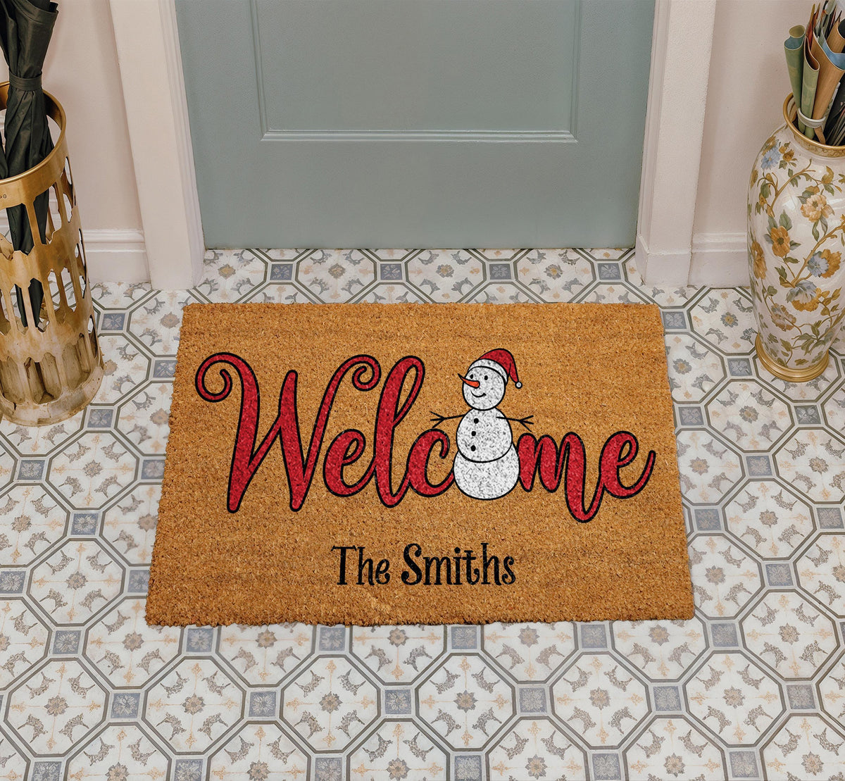 Personalized Snowman Welcome Mat, Custom Family Name Holiday Doormat