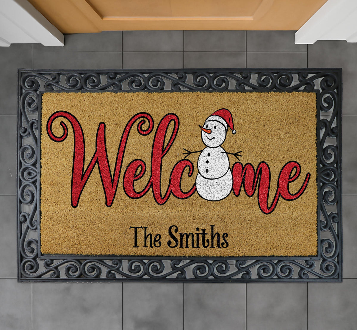 Personalized Snowman Welcome Mat, Custom Family Name Holiday Doormat