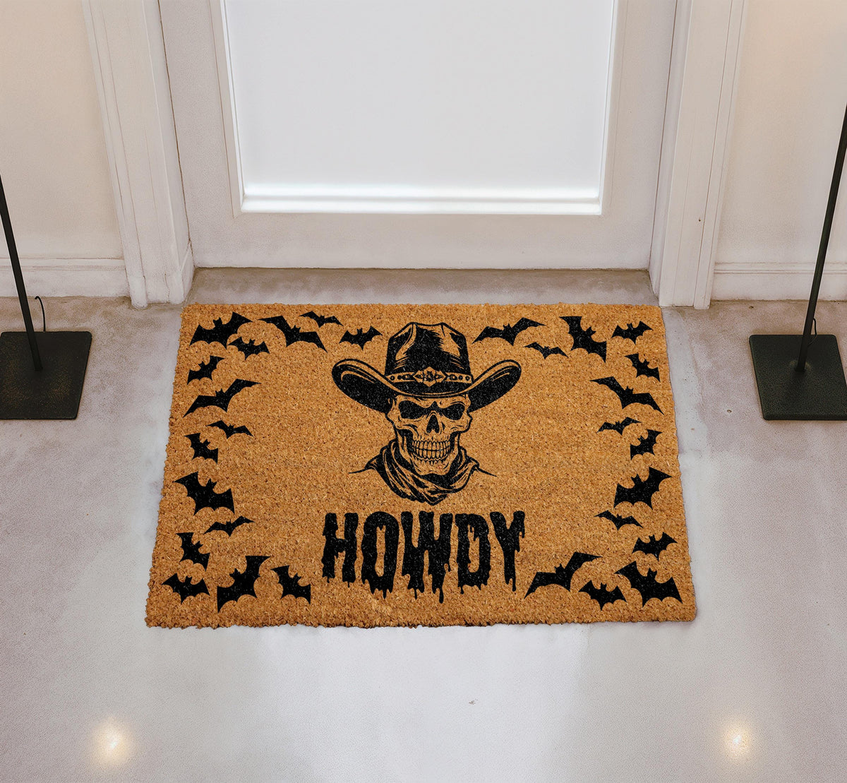 Howdy Skull Cowboy Welcome Mat, Western Halloween Doormat, Gothic Cowboy Front Porch Decor