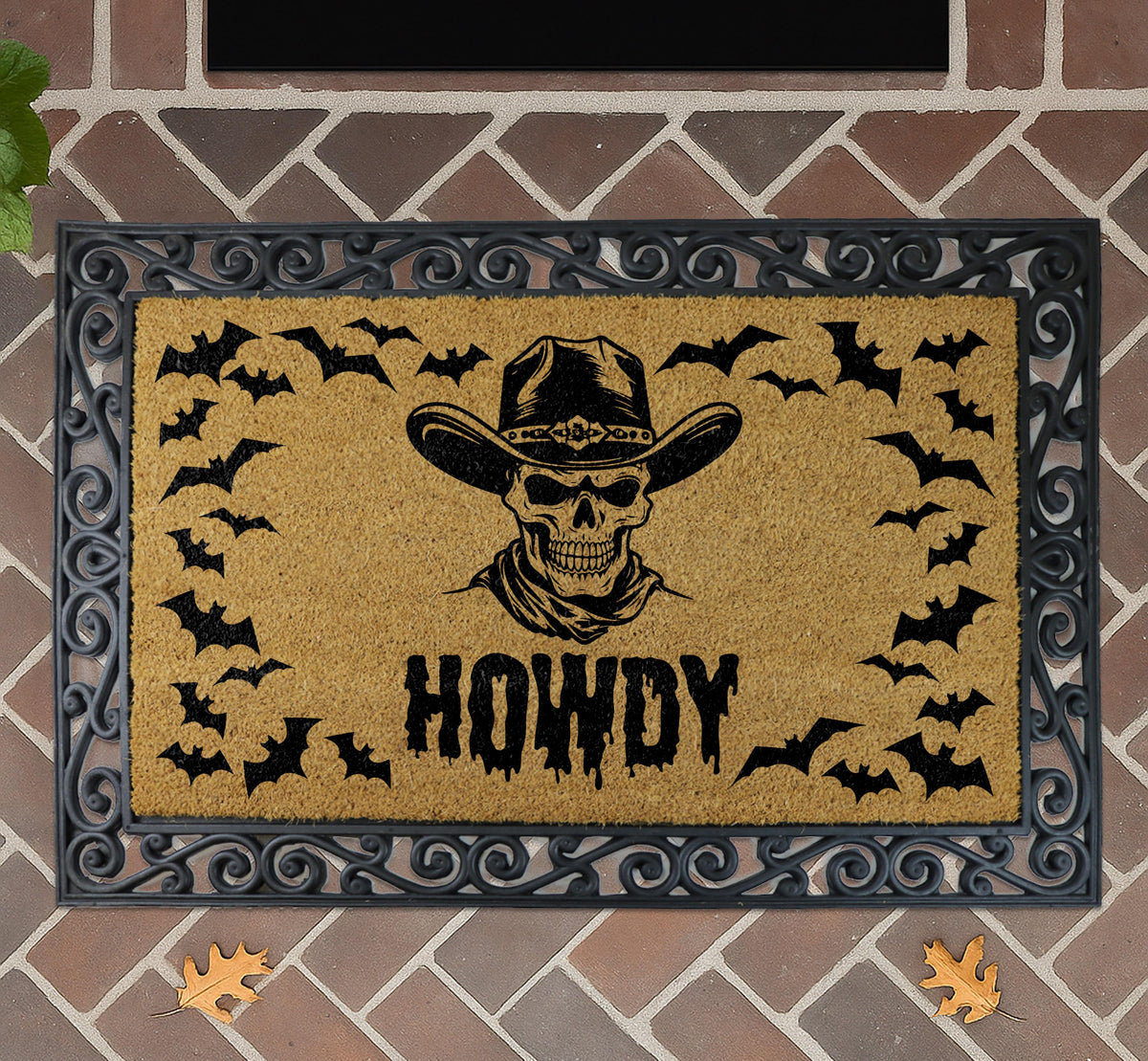 Howdy Skull Cowboy Welcome Mat, Western Halloween Doormat, Gothic Cowboy Front Porch Decor
