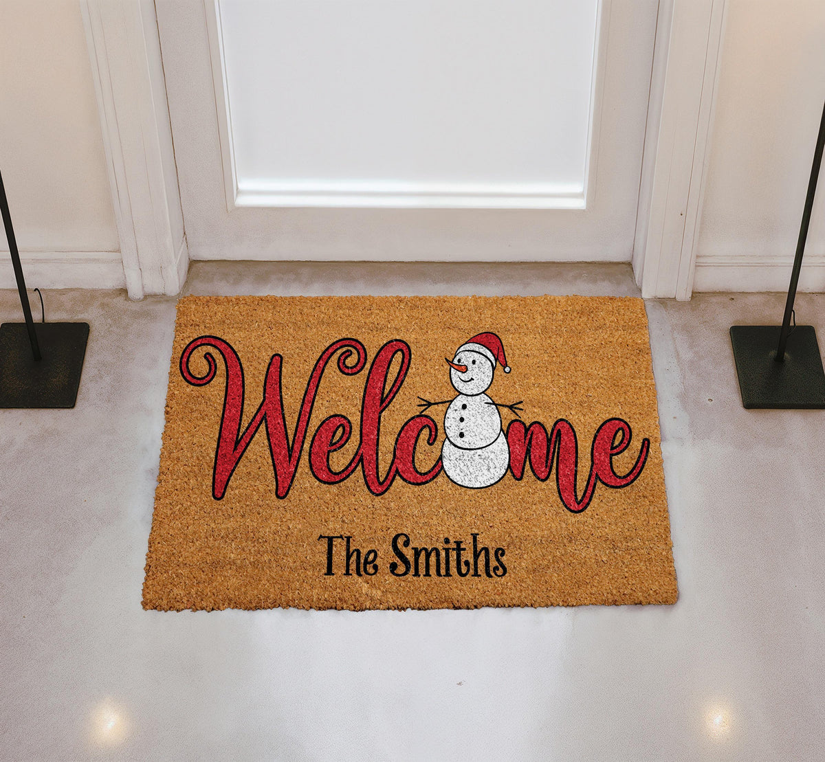 Personalized Snowman Welcome Mat, Custom Family Name Holiday Doormat