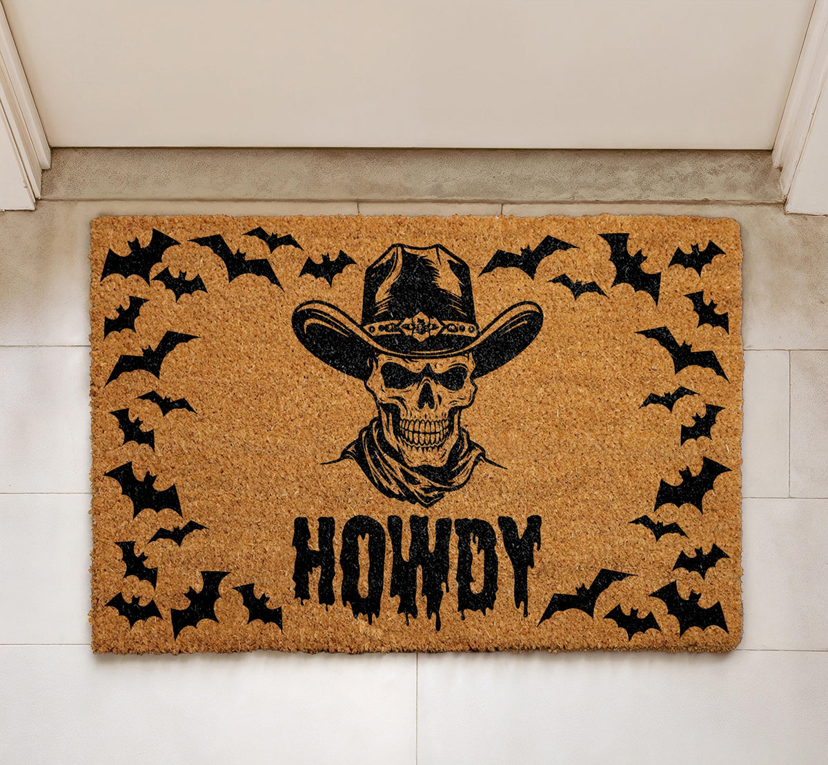 Howdy Skull Cowboy Welcome Mat, Western Halloween Doormat, Gothic Cowboy Front Porch Decor