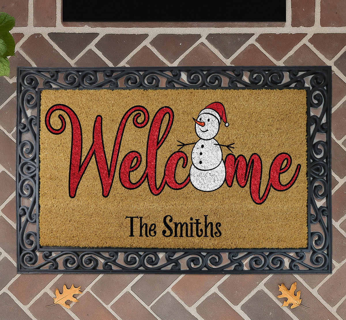 Personalized Snowman Welcome Mat, Custom Family Name Holiday Doormat