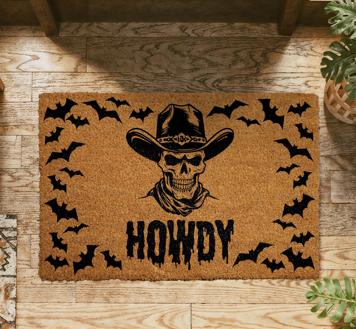 Howdy Skull Cowboy Welcome Mat, Western Halloween Doormat, Gothic Cowboy Front Porch Decor