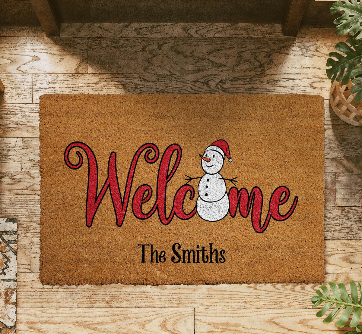 Personalized Snowman Welcome Mat, Custom Family Name Holiday Doormat
