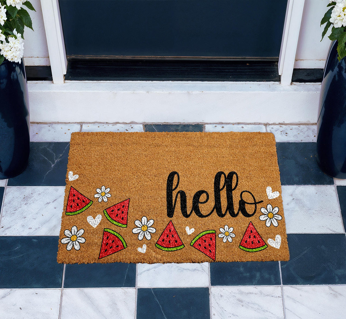 Watermelon & Daisy Doormat, Hello Door Mat, Summer Vibes Home Decor, Cute Front Porch Rug