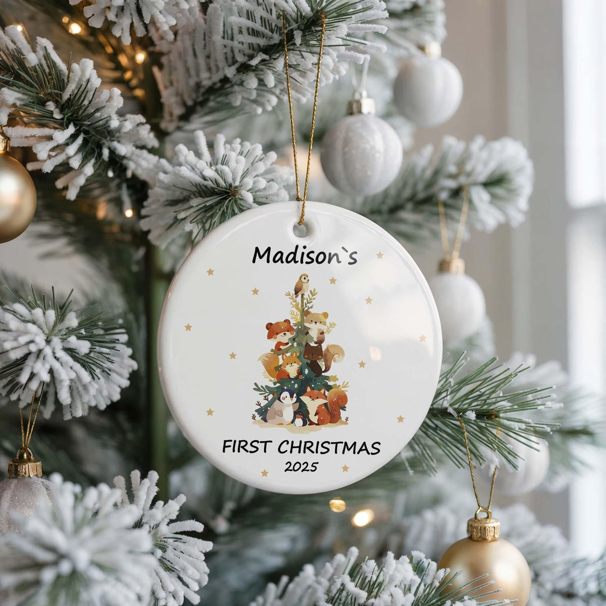 Custom Baby's First Christmas Ceramic Ornament, Personalized Animals (2.75-inch)
