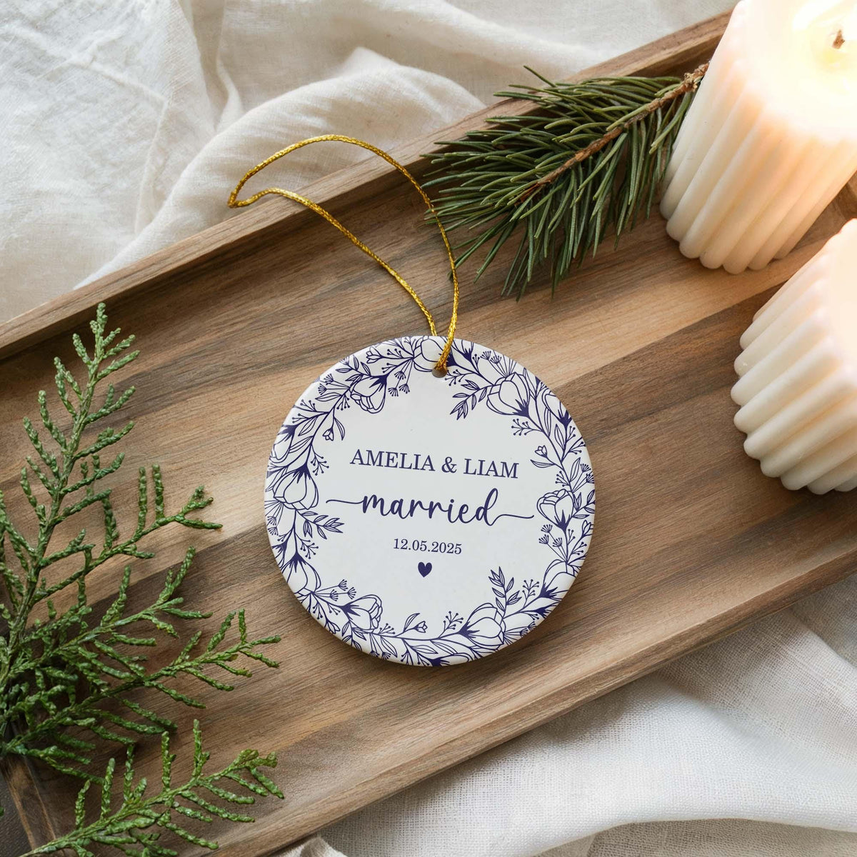 Custom Ceramic Wedding Ornament, Marriage Keepsake, Newlywed Gift