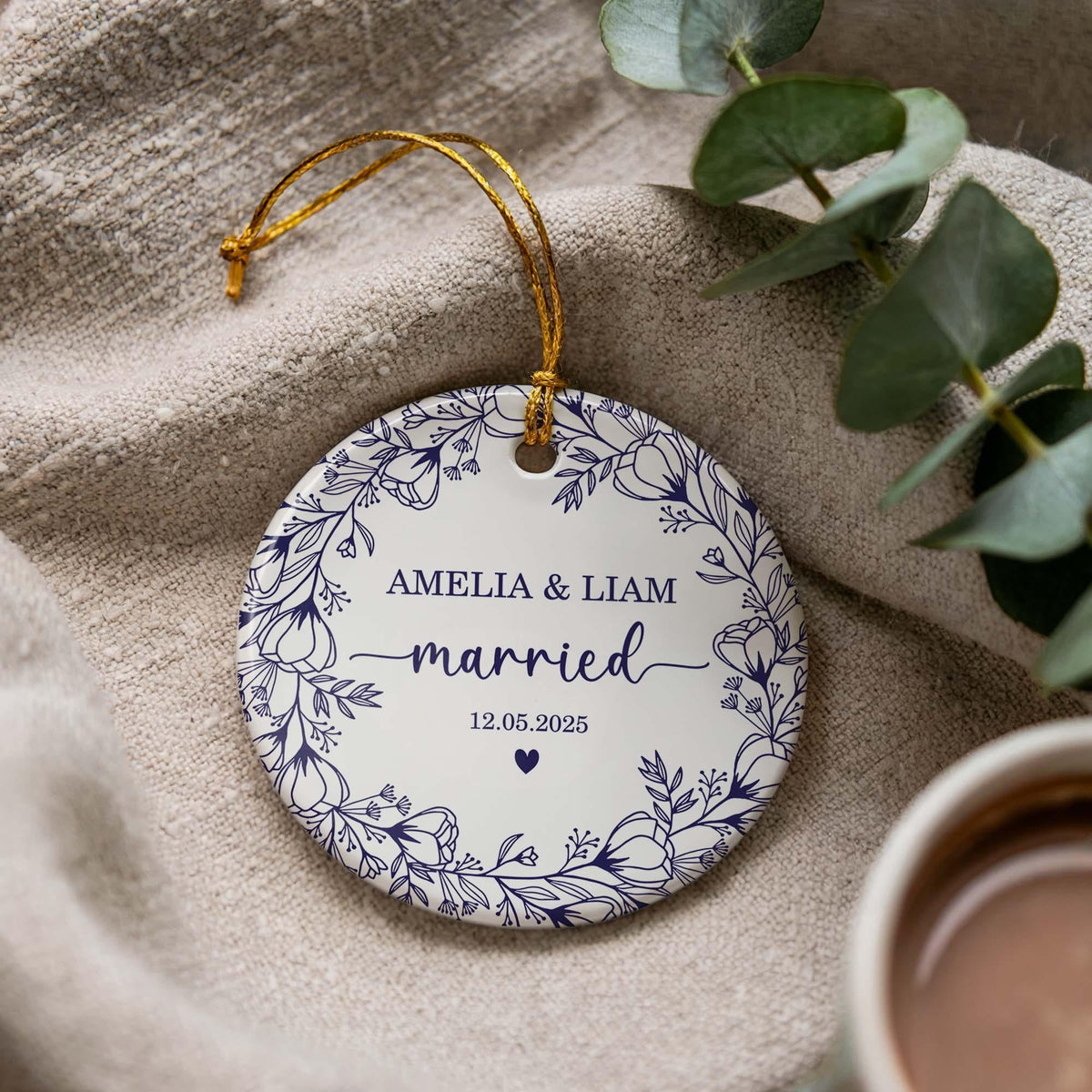 Custom Ceramic Wedding Ornament, Marriage Keepsake, Newlywed Gift