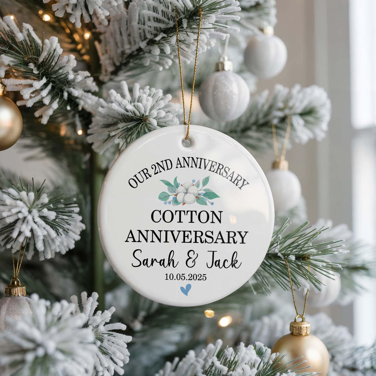 Personalized Ceramic 2nd Anniversary Ornament, Custom Couple Names