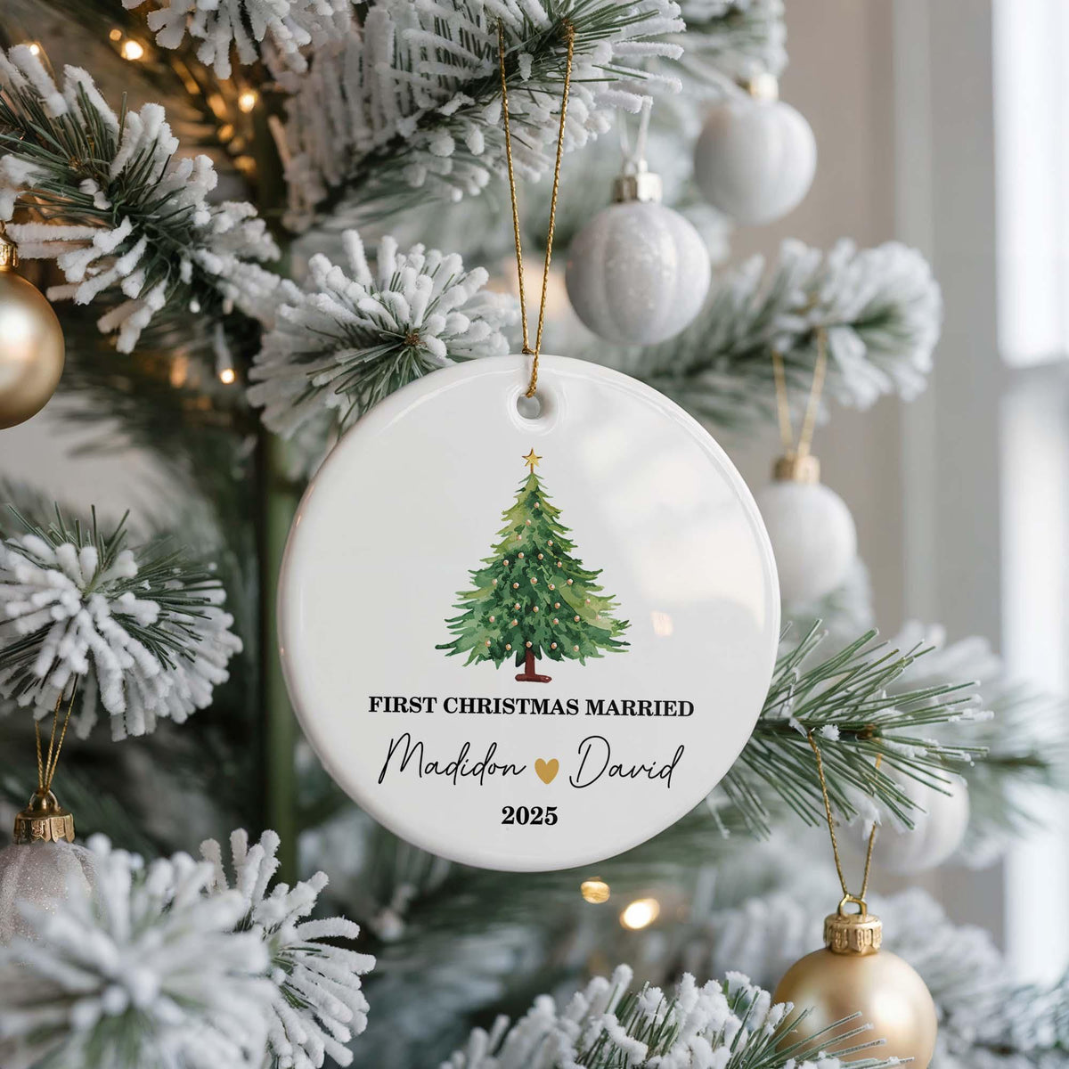 Personalized First Christmas Married Ceramic Ornament, Custom Names