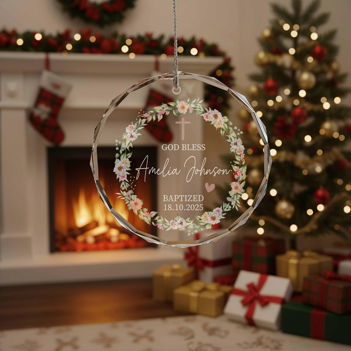 Personalized Crystal Glass Baptism Ornament, Godparent Keepsake Gift