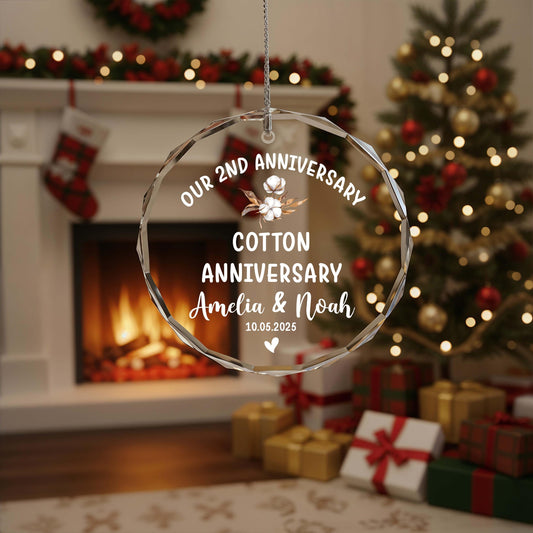 Cotton Anniversary Custom Name & Date Glass Ornament, 2nd Anniversary Gift for Couple