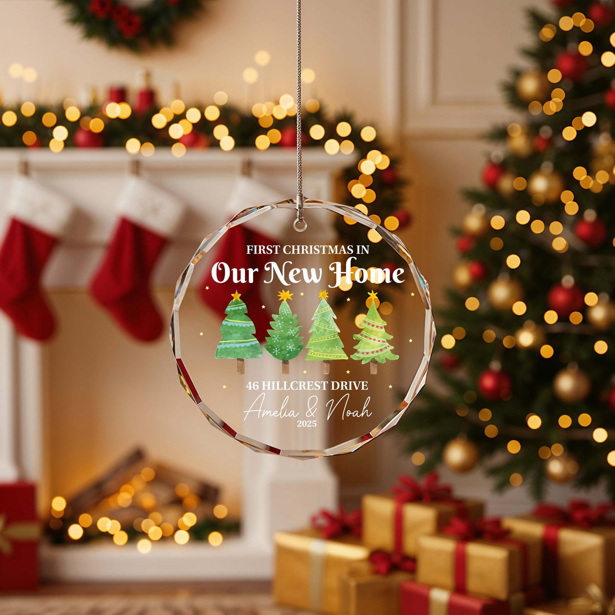 Custom Crystal Glass Christmas Ornament, First Home Keepsake