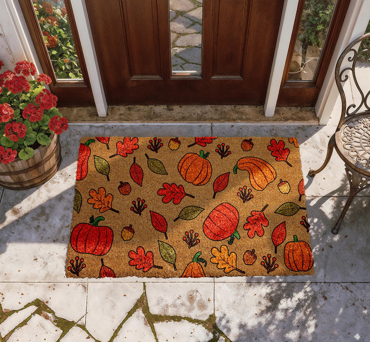 Doormat with autumn leaves, pumpkins and acorns