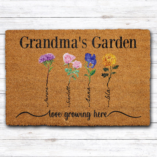 Personalized Grandma's Garden Doormat, Birth Flower Design Grandkids Welcome Mat