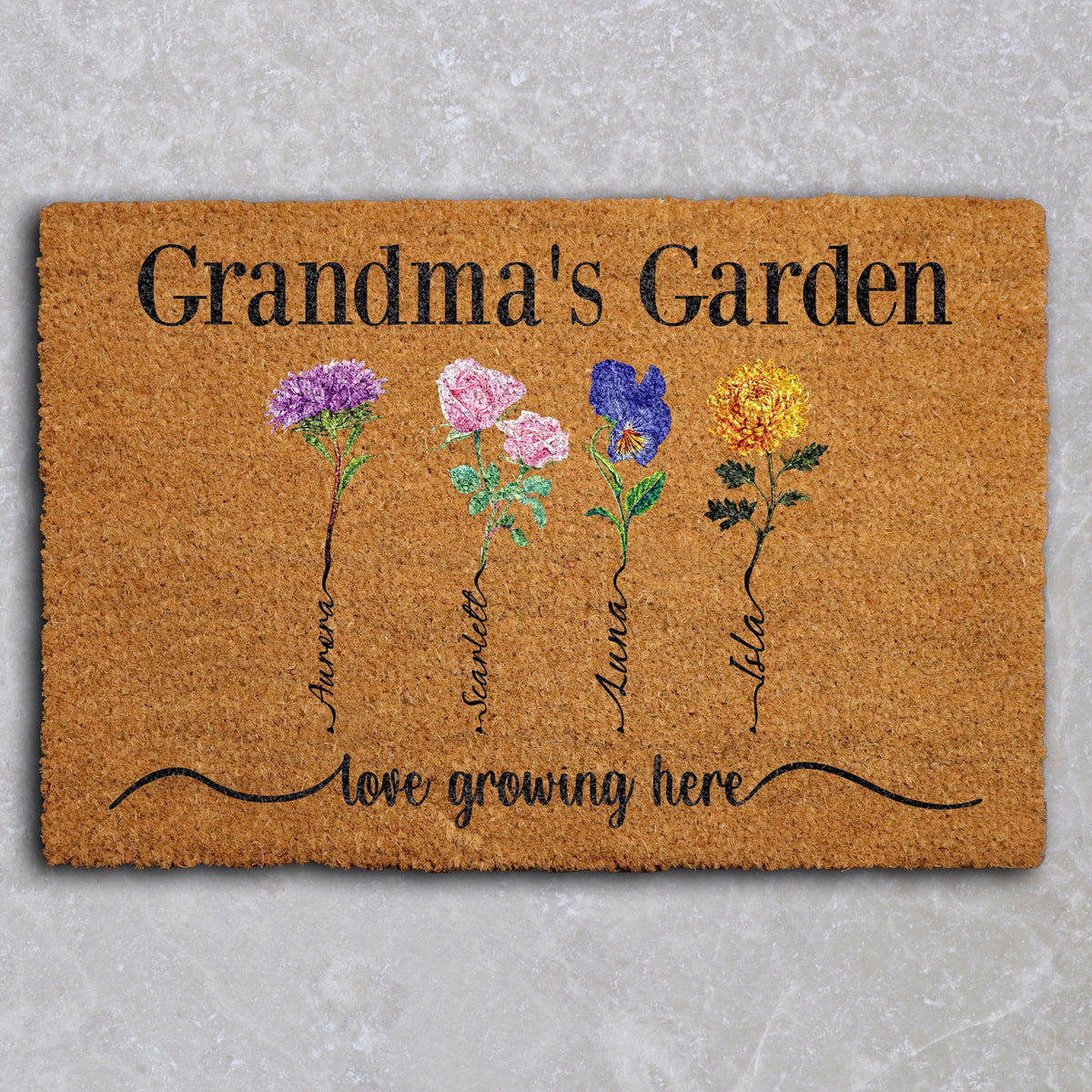 Personalized Grandma's Garden Doormat, Birth Flower Design Grandkids Welcome Mat