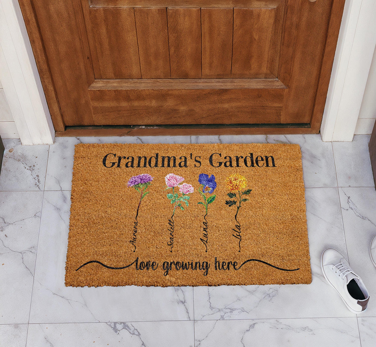 Personalized Grandma's Garden Doormat, Birth Flower Design Grandkids Welcome Mat