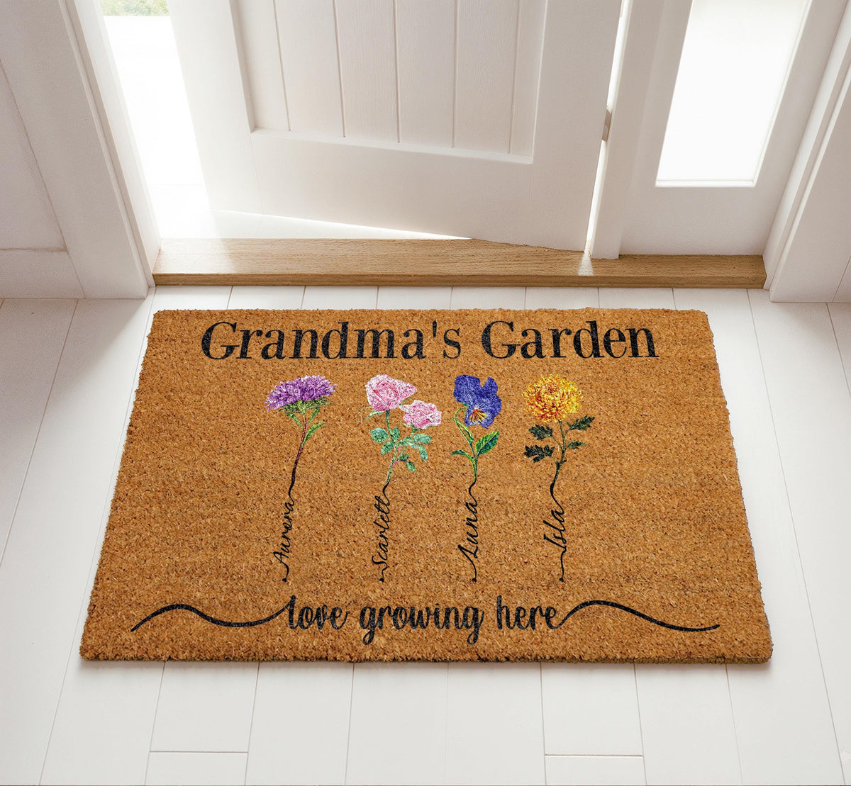 Personalized Grandma's Garden Doormat, Birth Flower Design Grandkids Welcome Mat