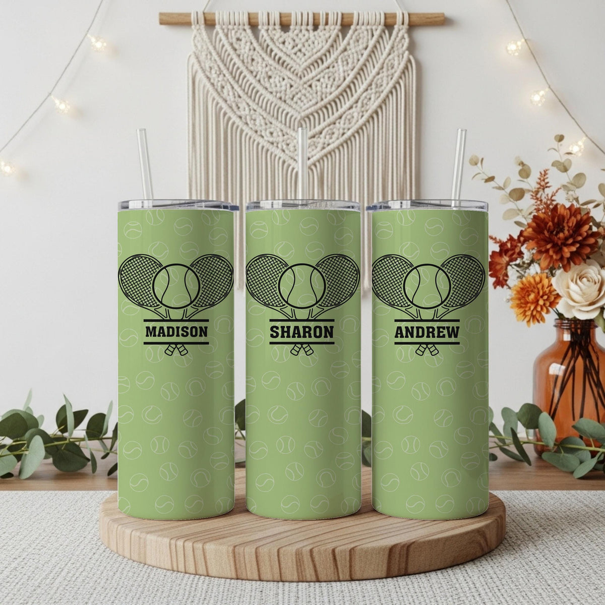 Personalized Tennis Tumbler With Straw, Vibrant Color Racquet Design Insulated Cup