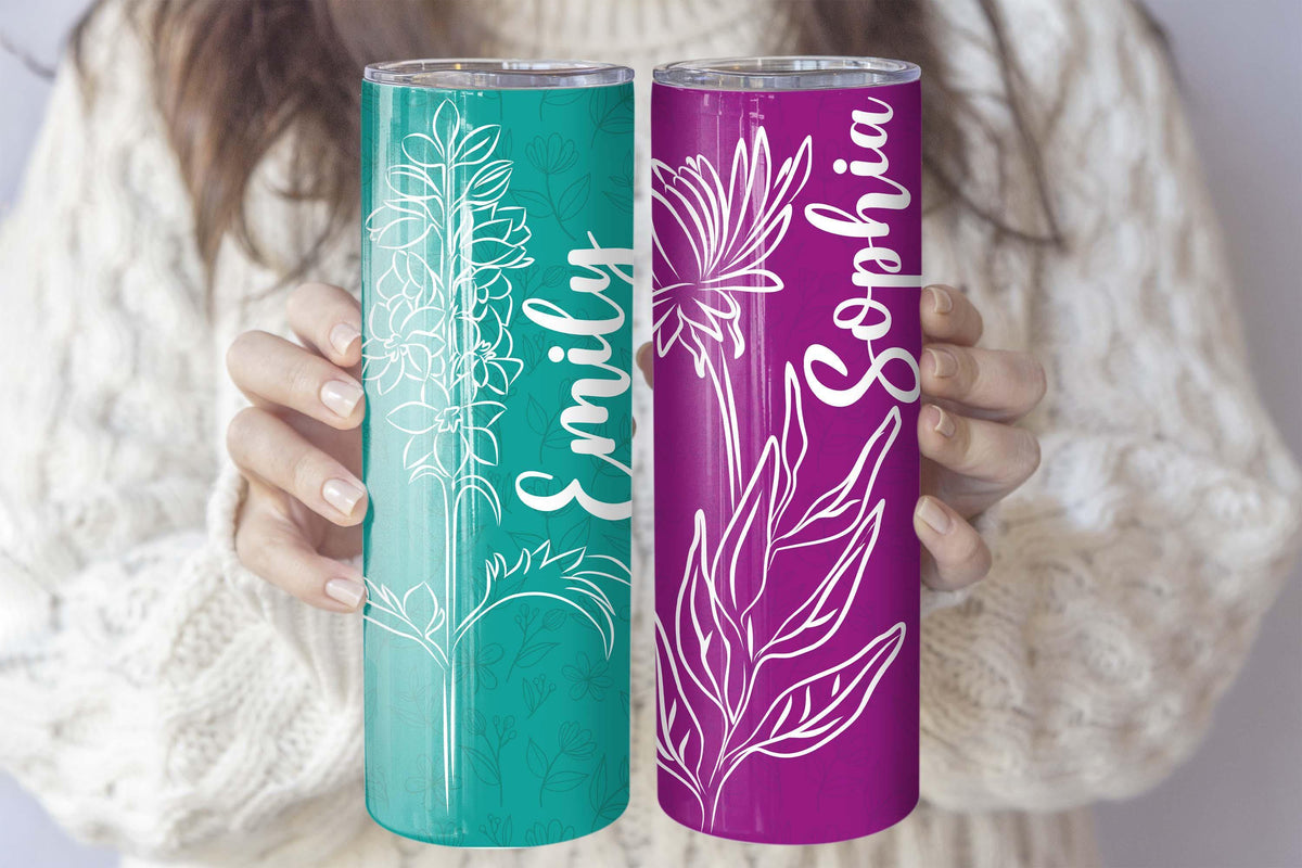 Custom Name Birth Flower Design Insulated Tumbler, Colorful Floral Coffee Lover Gift