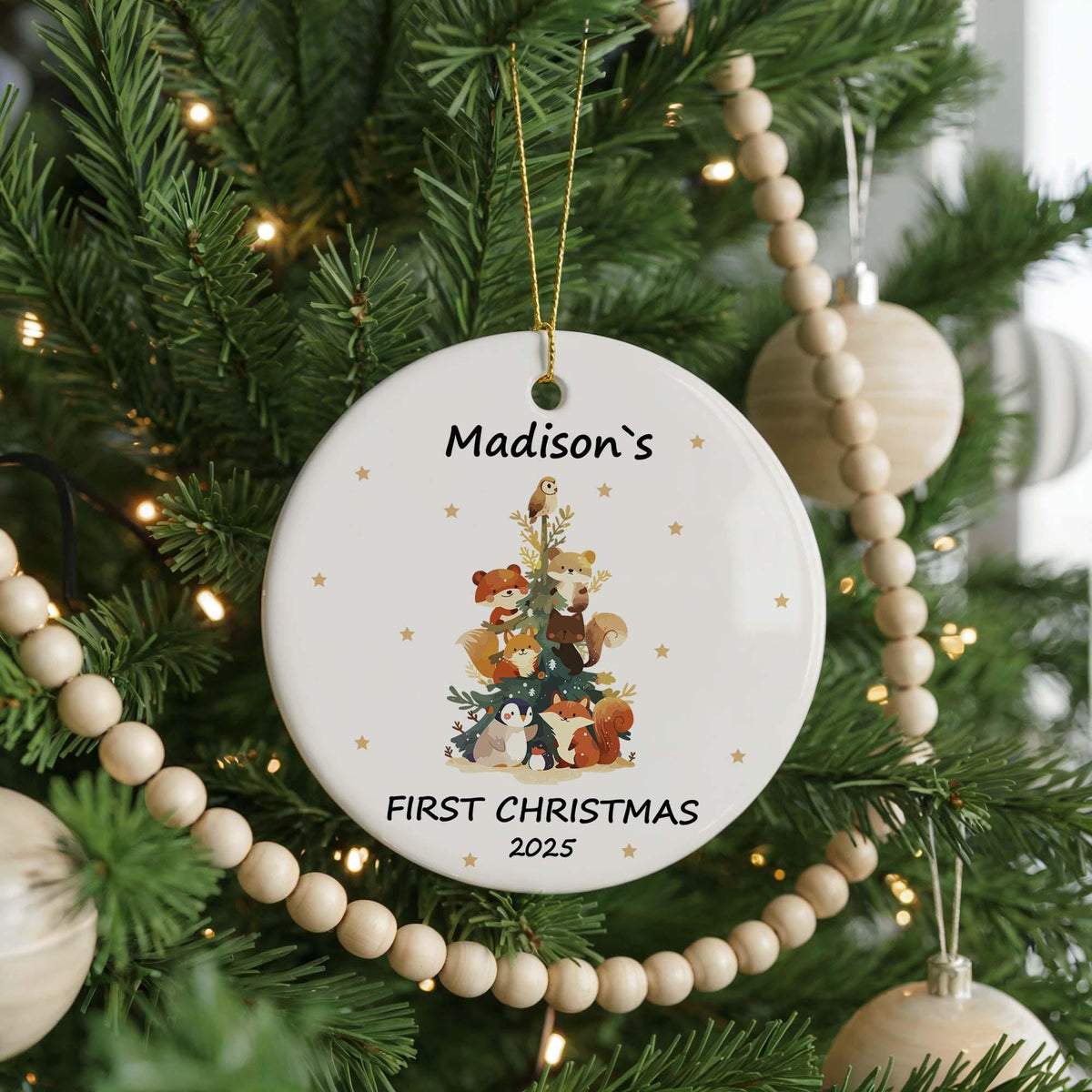 Custom Baby's First Christmas Ceramic Ornament, Personalized Animals (2.75-inch)