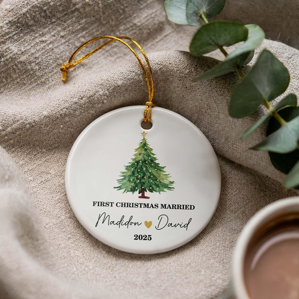 Personalized First Christmas Married Ceramic Ornament, Custom Names