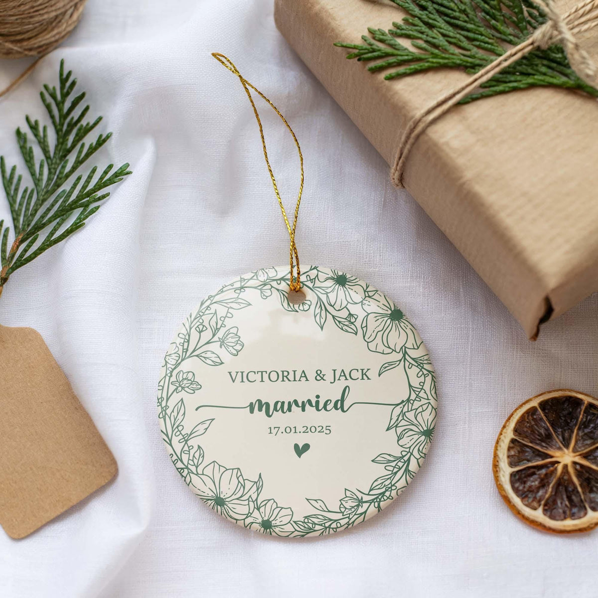 Personalized Married Ornament, Custom Floral Wedding Date Keepsake Ornaments