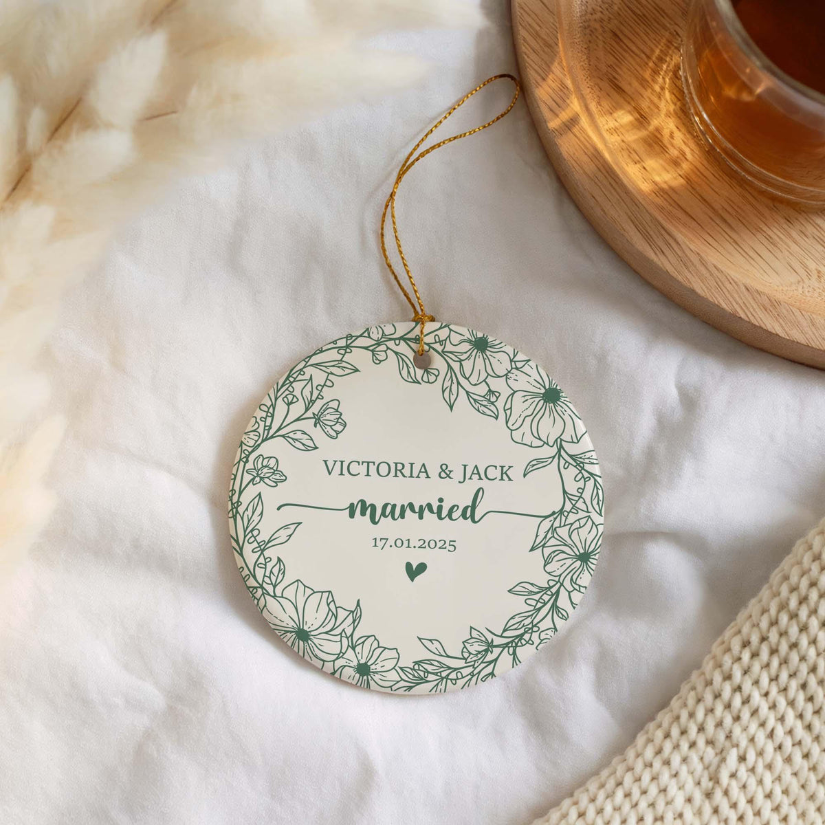 Personalized Married Ornament, Custom Floral Wedding Date Keepsake Ornaments